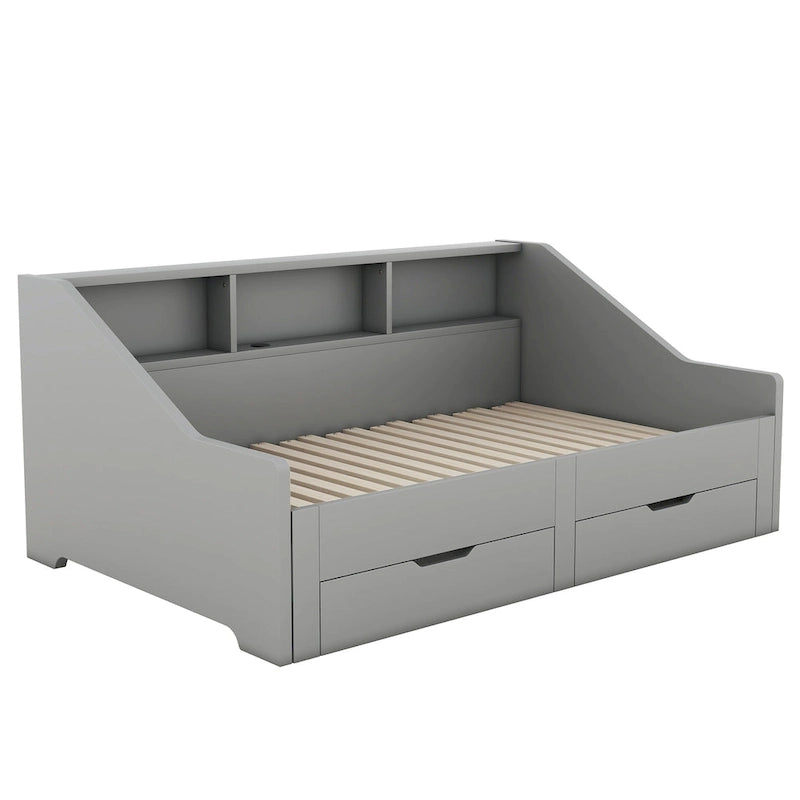 Twin to King Size Daybed Frame with Storage Bookcases and Two Drawers