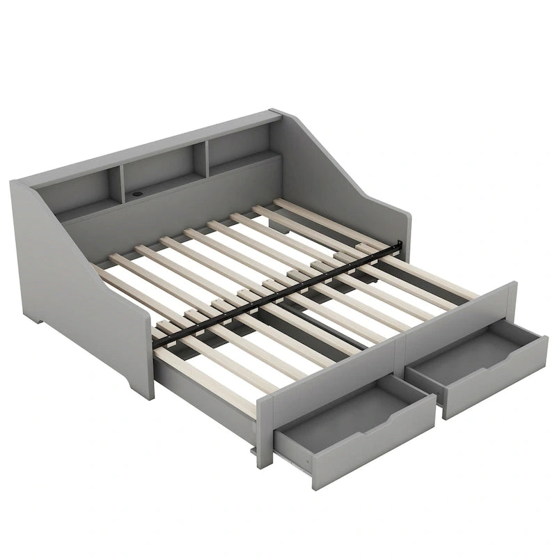 Twin to King Size Daybed Frame with Storage Bookcases and Two Drawers