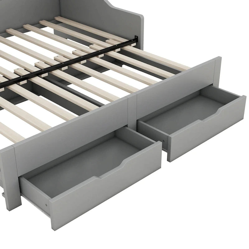Twin to King Size Daybed Frame with Storage Bookcases and Two Drawers