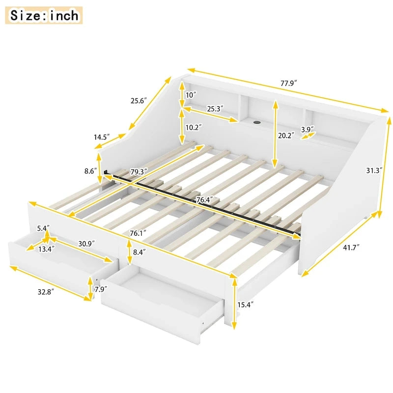 Twin to King Size Daybed Frame with Storage Bookcases and Two Drawers
