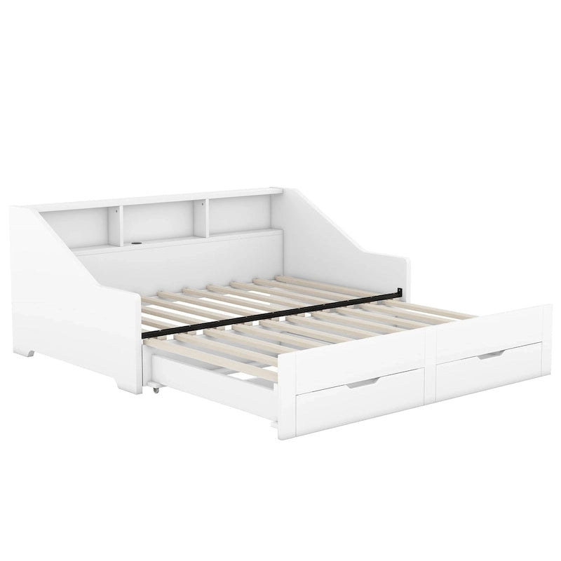 Twin to King Size Daybed Frame with Storage Bookcases and Two Drawers