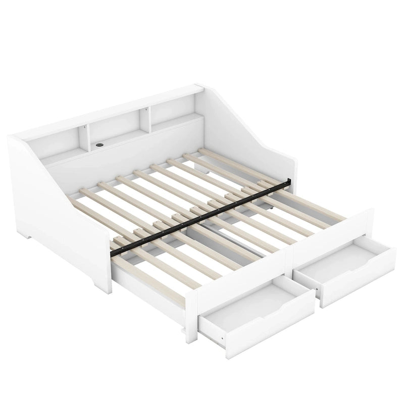 Twin to King Size Daybed Frame with Storage Bookcases and Two Drawers
