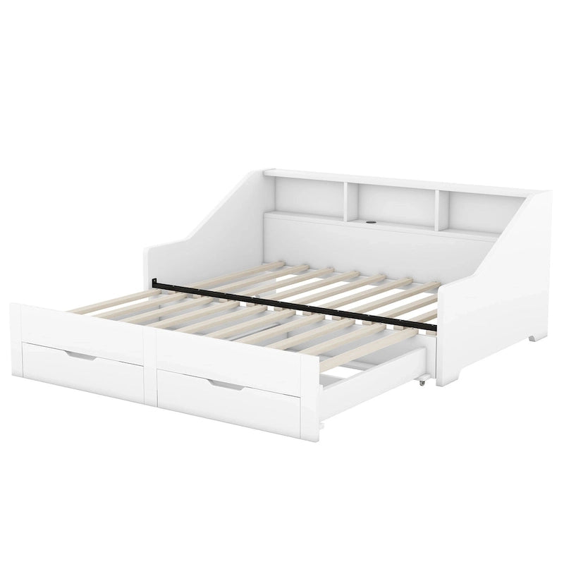 Twin to King Size Daybed Frame with Storage Bookcases and Two Drawers