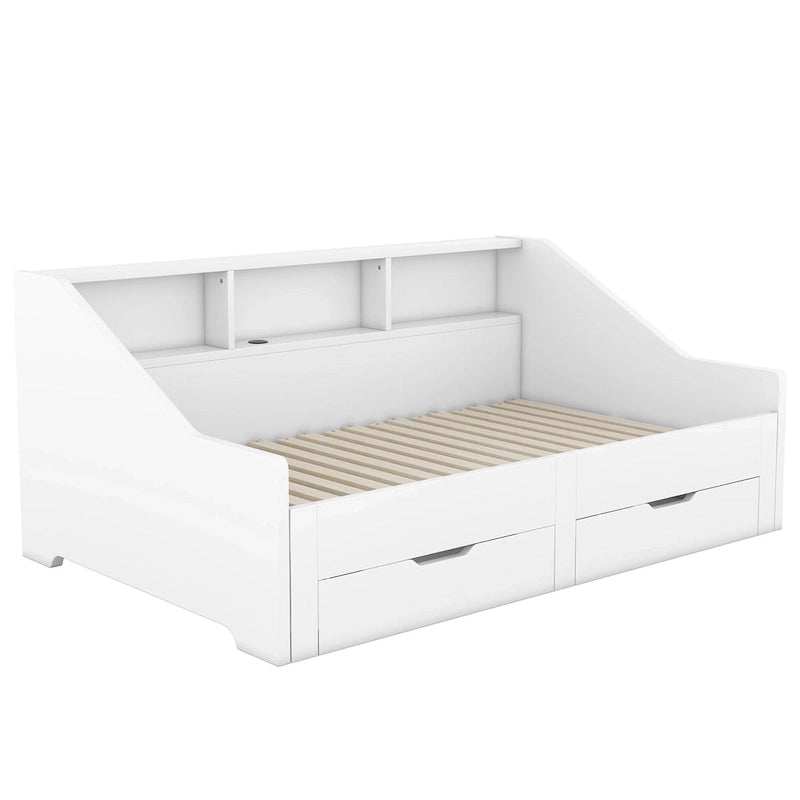 Twin to King Size Daybed Frame with Storage Bookcases and Two Drawers