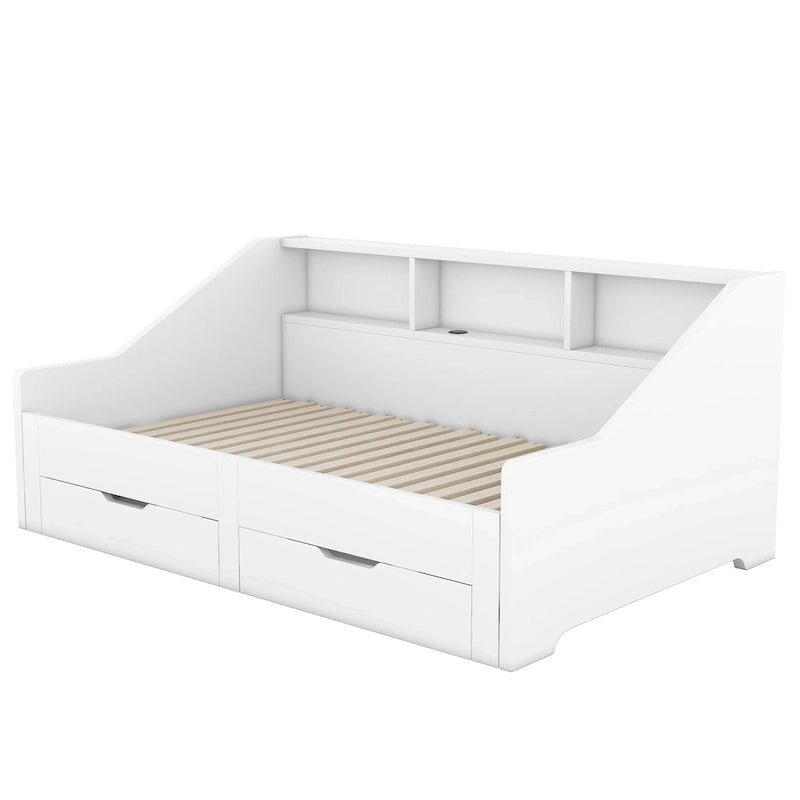 Twin to King Size Daybed Frame with Storage Bookcases and Two Drawers