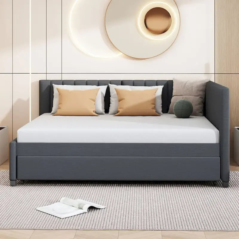 Full Size Upholstered Daybed with Trundle Sofa Bed Frame No Box Spring Needed