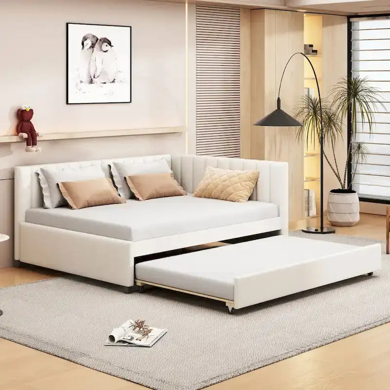 Full Size Upholstered Daybed with Trundle Sofa Bed Frame No Box Spring Needed