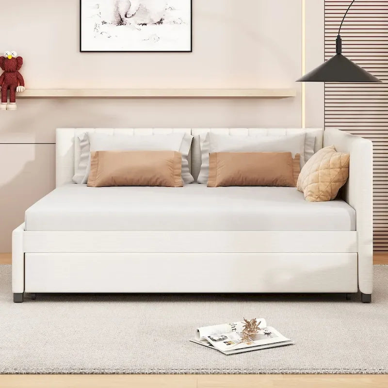 Full Size Upholstered Daybed with Trundle Sofa Bed Frame No Box Spring Needed