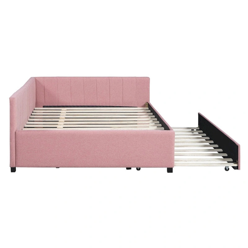 Full Size Upholstered Daybed with Trundle Sofa Bed Frame No Box Spring Needed