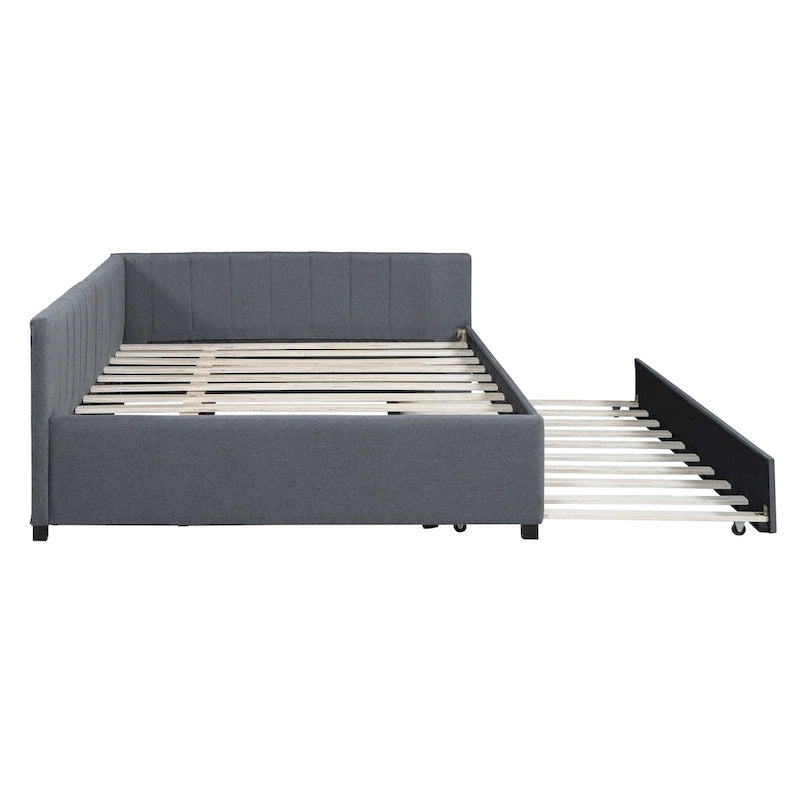 Full Size Upholstered Daybed with Trundle Sofa Bed Frame No Box Spring Needed