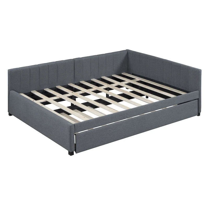 Full Size Upholstered Daybed with Trundle Sofa Bed Frame No Box Spring Needed