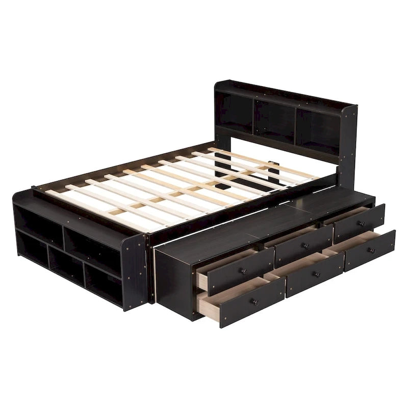 Full Bed with Bookcase Headboard, Under bed Storage Drawers and Bed End Storage Case