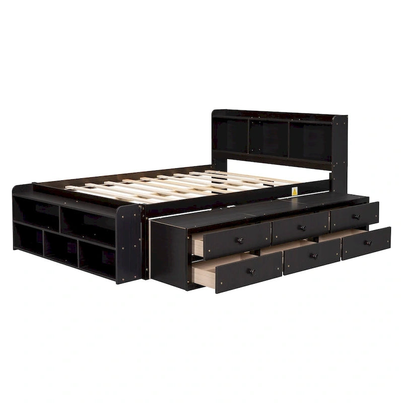 Full Bed with Bookcase Headboard, Under bed Storage Drawers and Bed End Storage Case
