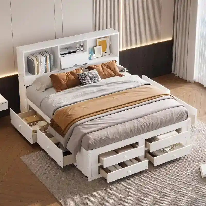 King Size Platform Bed with Storage Bookshelf and 8 Drawers