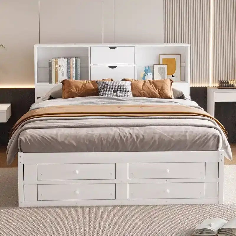King Size Platform Bed with Storage Bookshelf and 8 Drawers