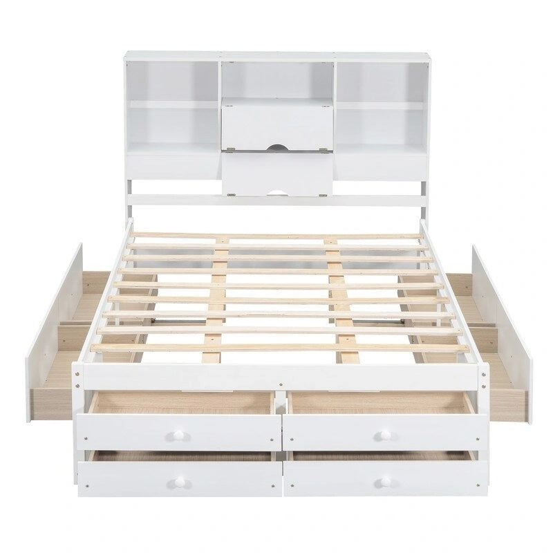 King Size Platform Bed with Storage Bookshelf and 8 Drawers