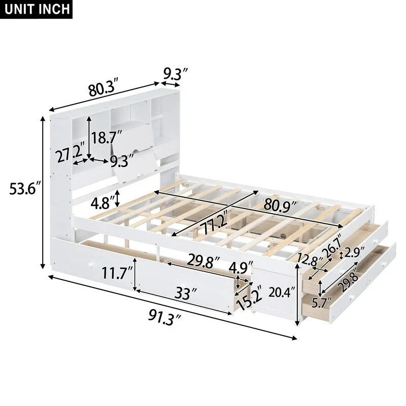 King Size Platform Bed with Storage Bookshelf and 8 Drawers