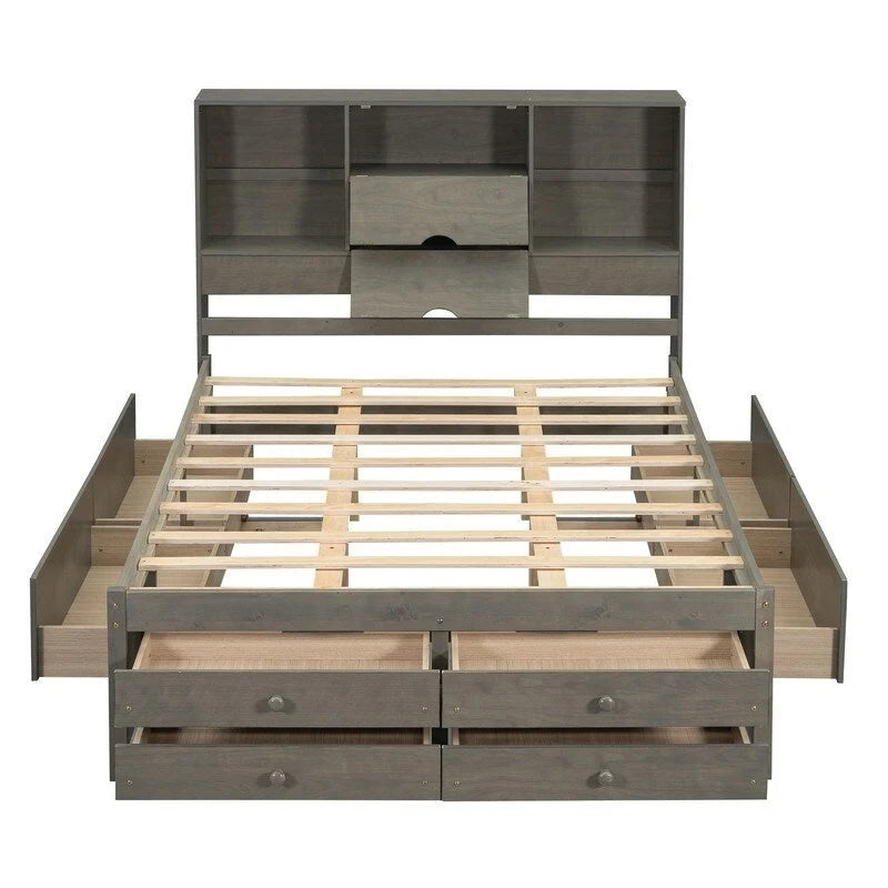 King Size Platform Bed with Storage Bookshelf and 8 Drawers