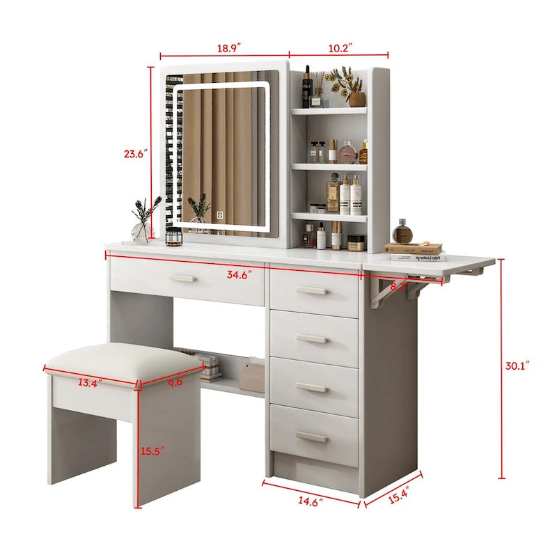 Vanity Desk with Mirror and Lights with open shelves and Chair,Table Set with 3 Color Lighting Brightness Adjustable,5 Drawers