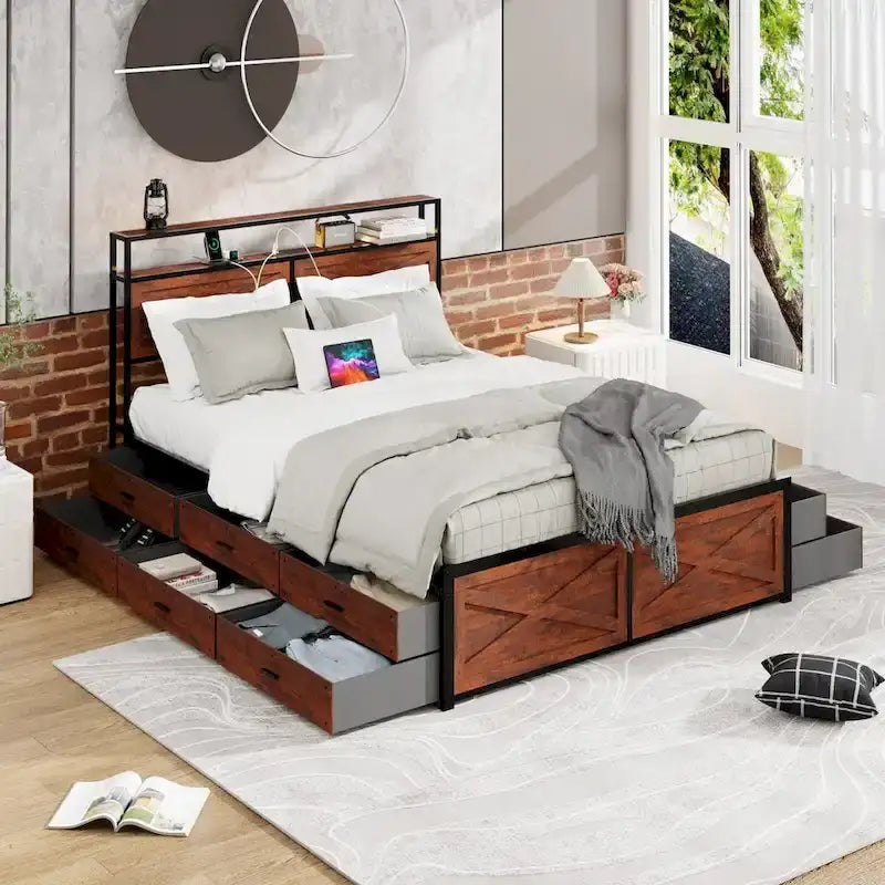 Bed Frame with Storage Headboard and 12 Drawers and LED Lights