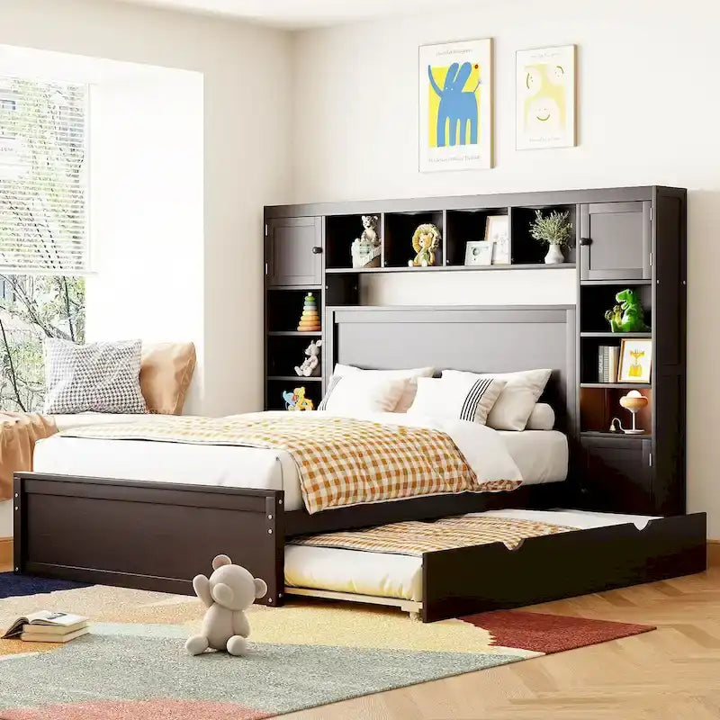 Wooden Bed With All-in-One Cabinet, Shelf and Trundle
