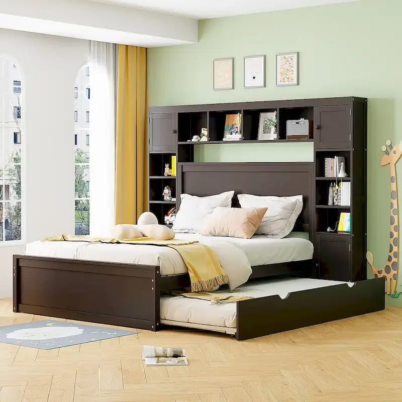 Wooden Bed With All-in-One Cabinet, Shelf and Trundle