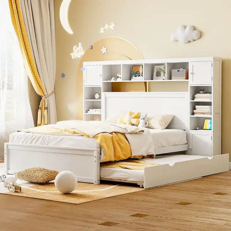 Wooden Bed With All-in-One Cabinet, Shelf and Trundle
