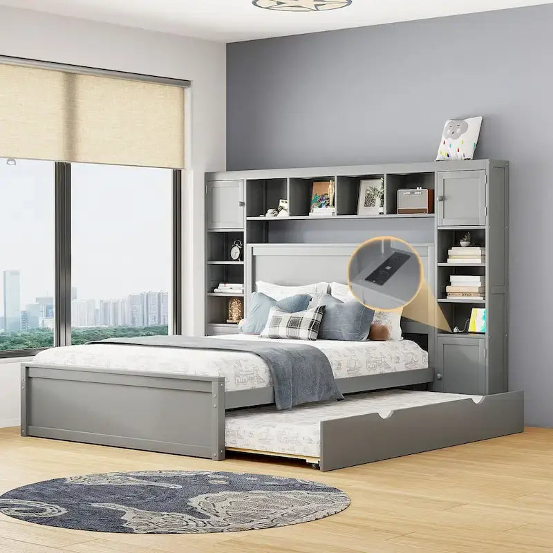 Wooden Bed With All-in-One Cabinet, Shelf and Trundle