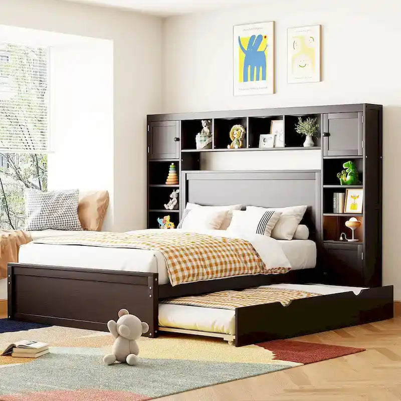 Wooden Bed With All-in-One Cabinet, Shelf and Trundle