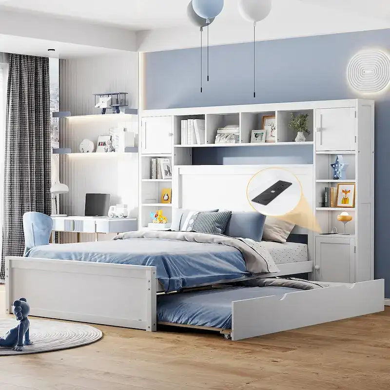 Wooden Bed With All-in-One Cabinet, Shelf and Trundle