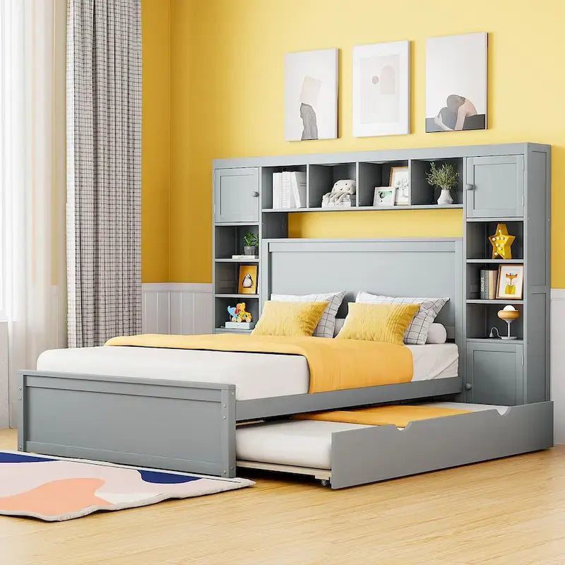 Wooden Bed With All-in-One Cabinet, Shelf and Trundle