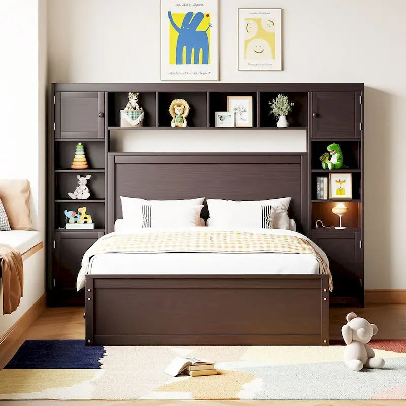 Wooden Bed With All-in-One Cabinet, Shelf and Trundle