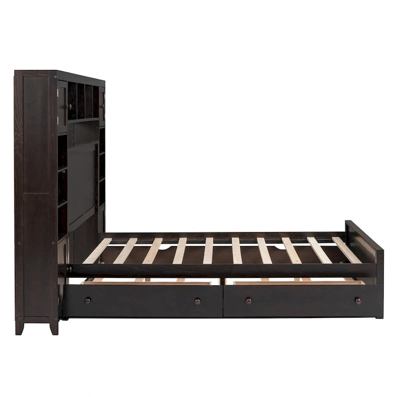 Wooden Bed With All-in-One Cabinet, Shelf and Trundle
