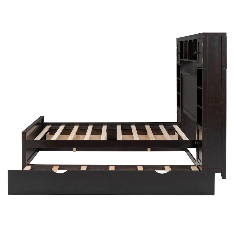 Wooden Bed With All-in-One Cabinet, Shelf and Trundle