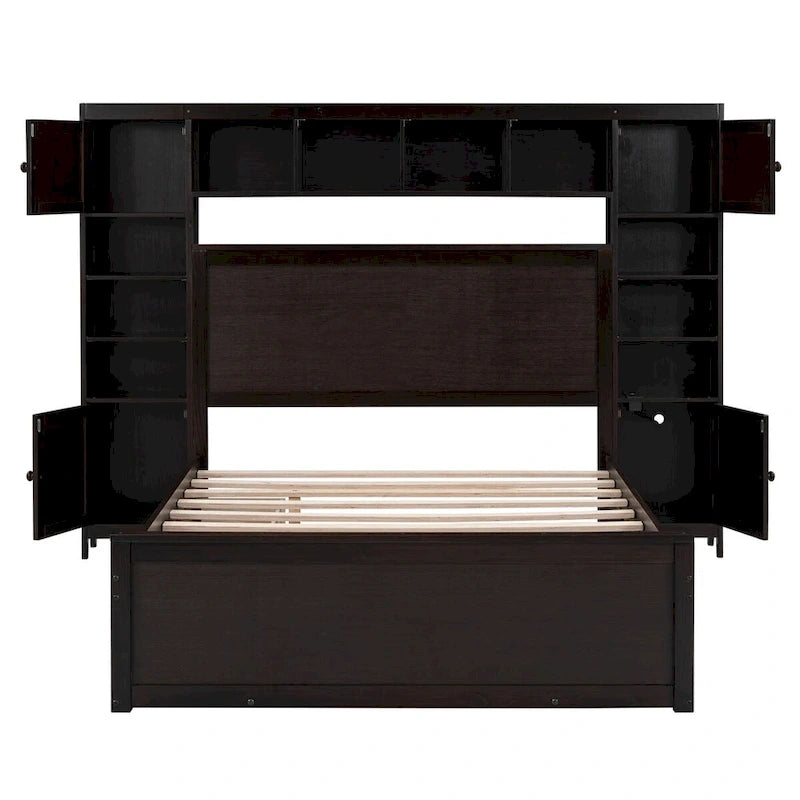 Wooden Bed With All-in-One Cabinet, Shelf and Trundle