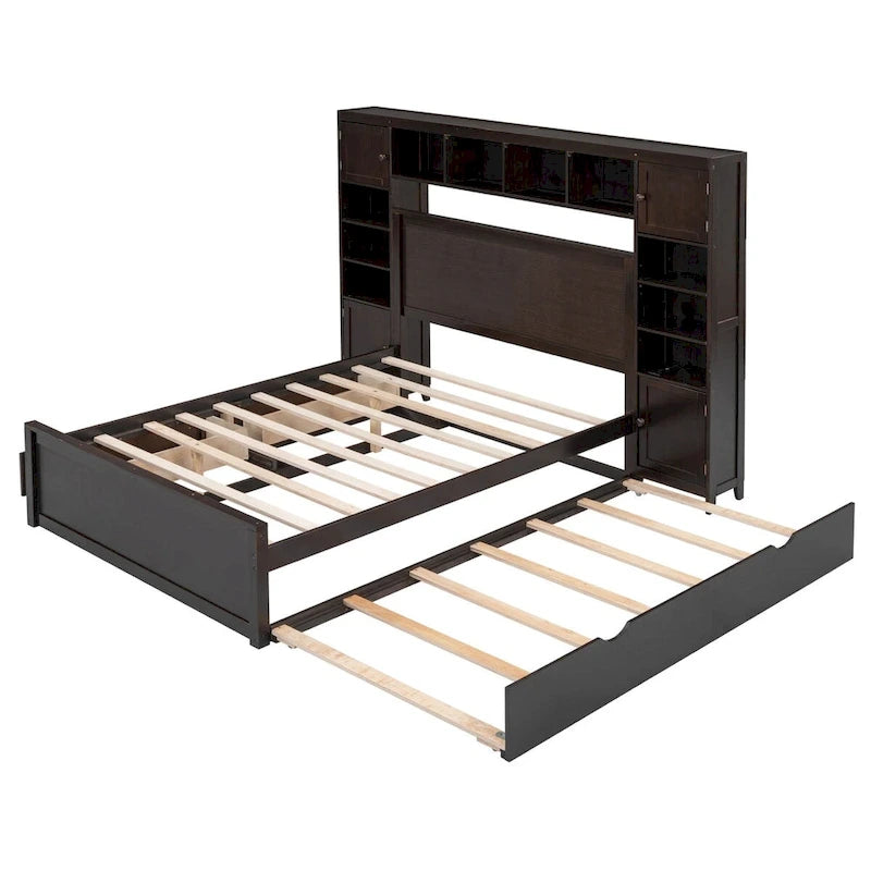 Wooden Bed With All-in-One Cabinet, Shelf and Trundle