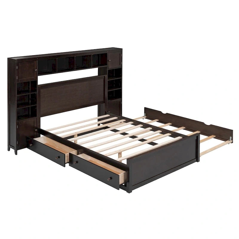 Wooden Bed With All-in-One Cabinet, Shelf and Trundle