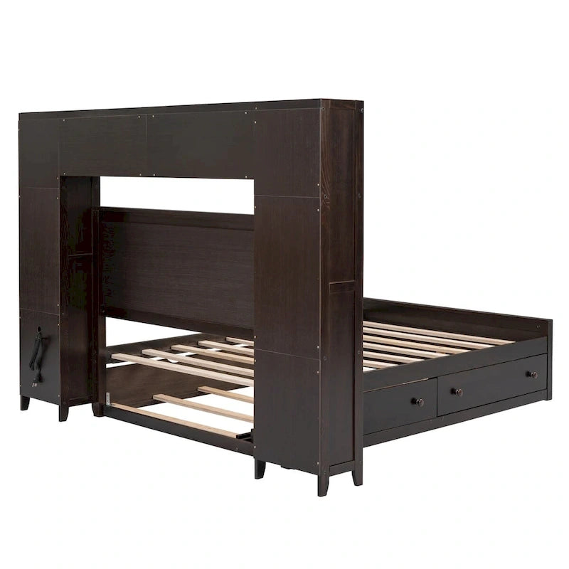 Wooden Bed With All-in-One Cabinet, Shelf and Trundle