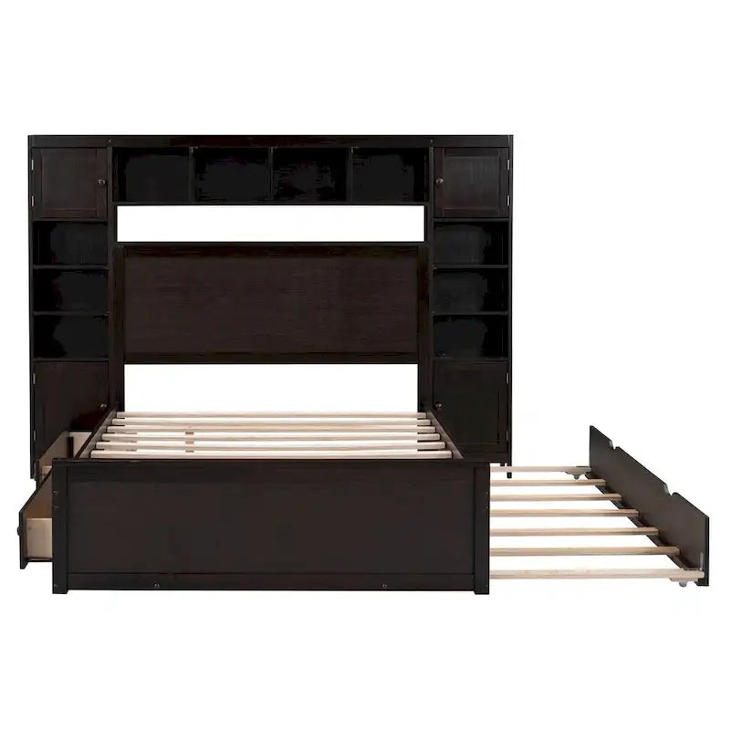 Wooden Bed With All-in-One Cabinet, Shelf and Trundle