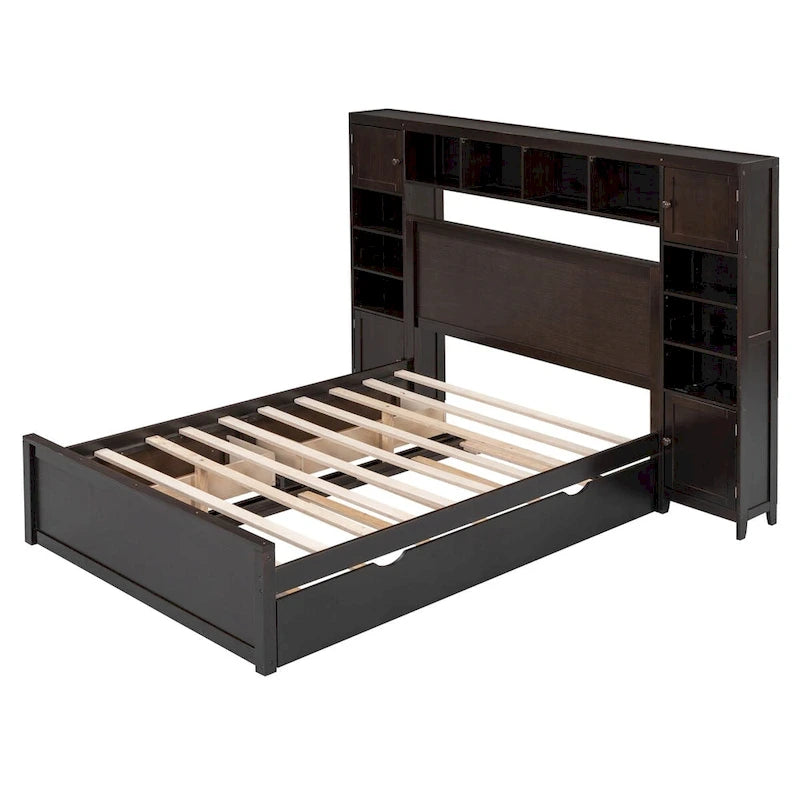Wooden Bed With All-in-One Cabinet, Shelf and Trundle