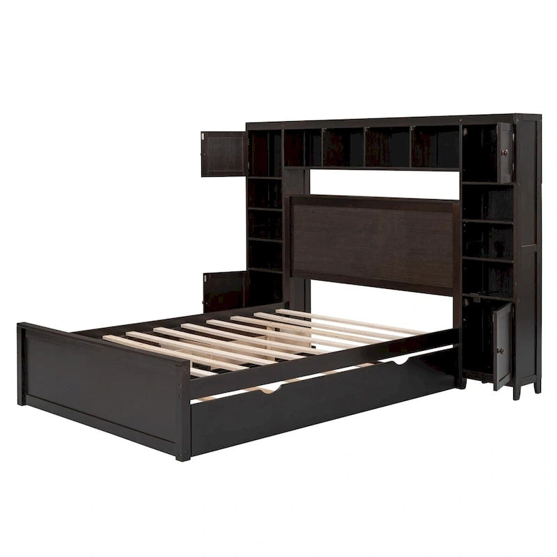 Wooden Bed With All-in-One Cabinet, Shelf and Trundle