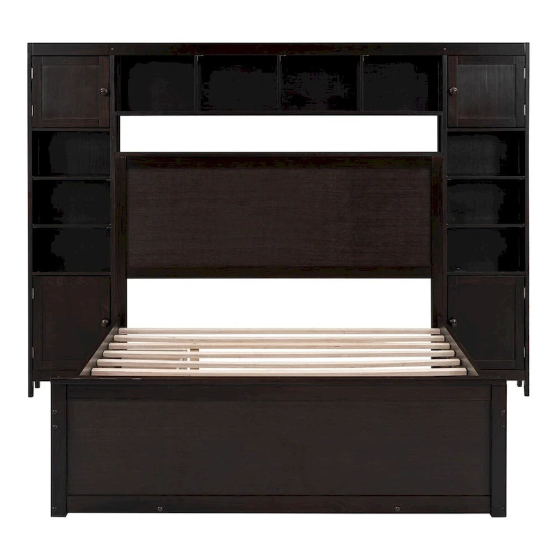 Wooden Bed With All-in-One Cabinet, Shelf and Trundle