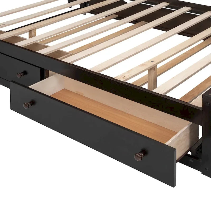 Wooden Bed With All-in-One Cabinet, Shelf and Trundle