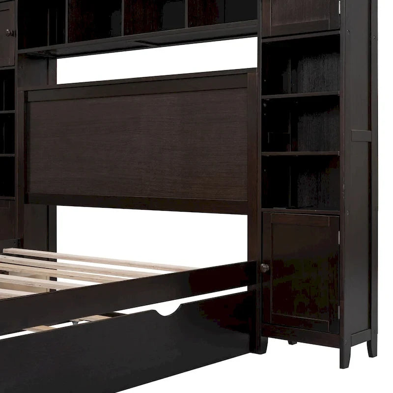 Wooden Bed With All-in-One Cabinet, Shelf and Trundle