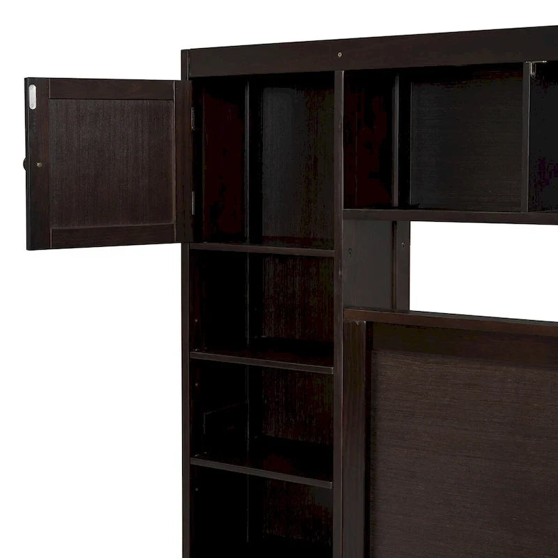 Wooden Bed With All-in-One Cabinet, Shelf and Trundle