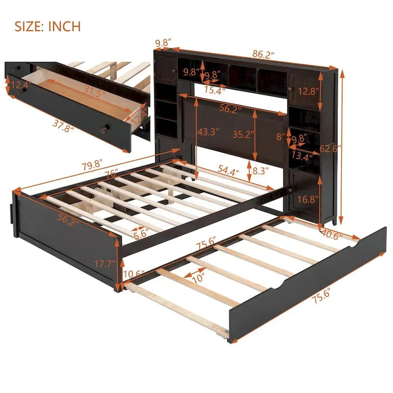 Wooden Bed With All-in-One Cabinet, Shelf and Trundle