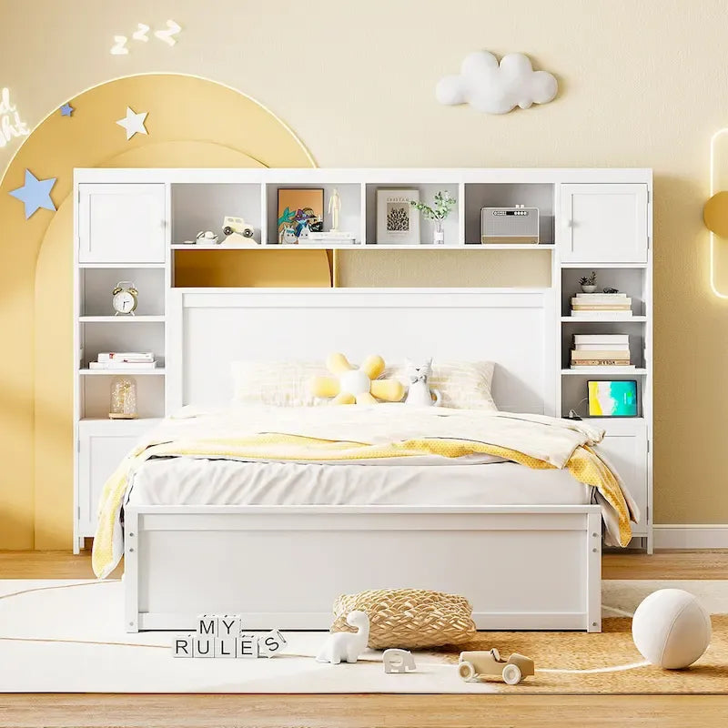 Wooden Bed With All-in-One Cabinet, Shelf and Trundle