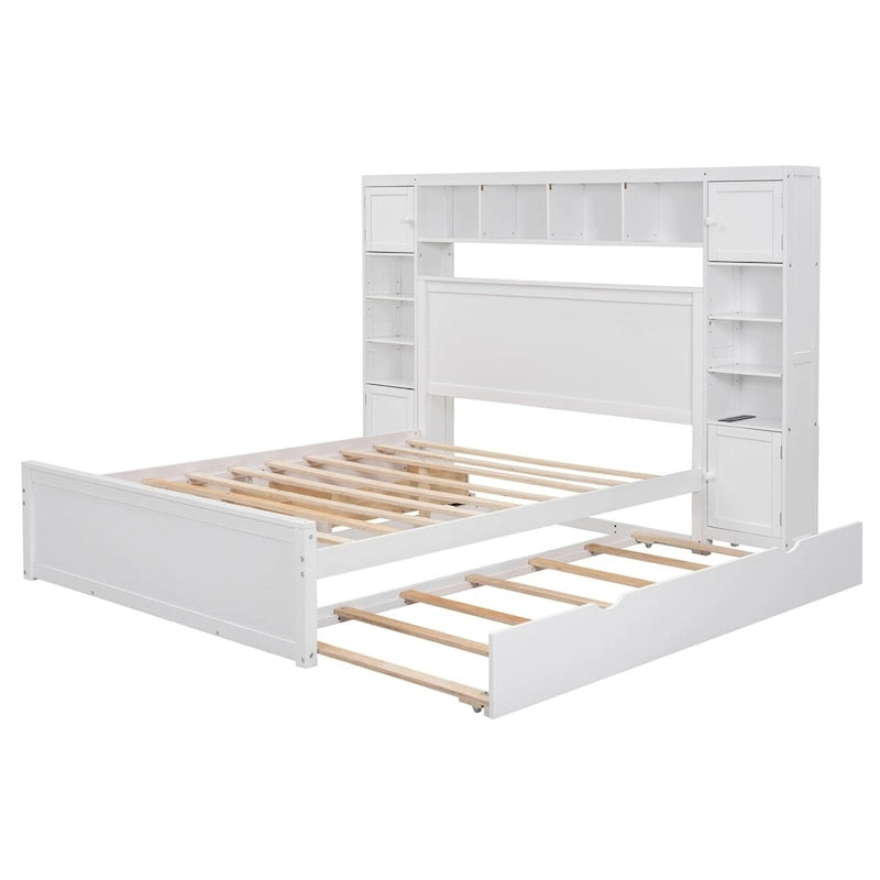 Wooden Bed With All-in-One Cabinet, Shelf and Trundle