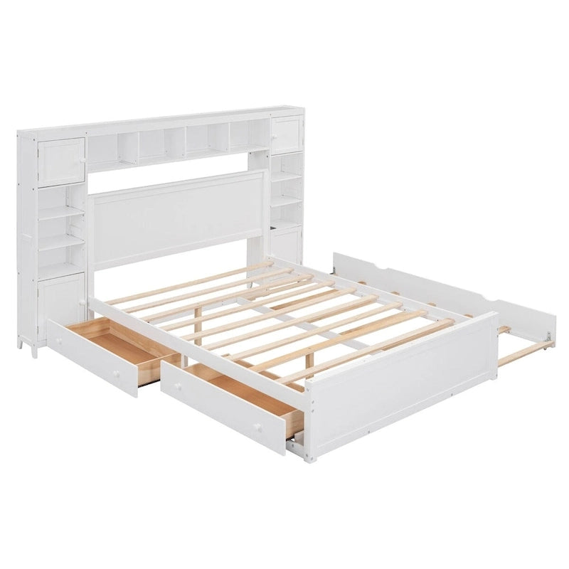 Wooden Bed With All-in-One Cabinet, Shelf and Trundle