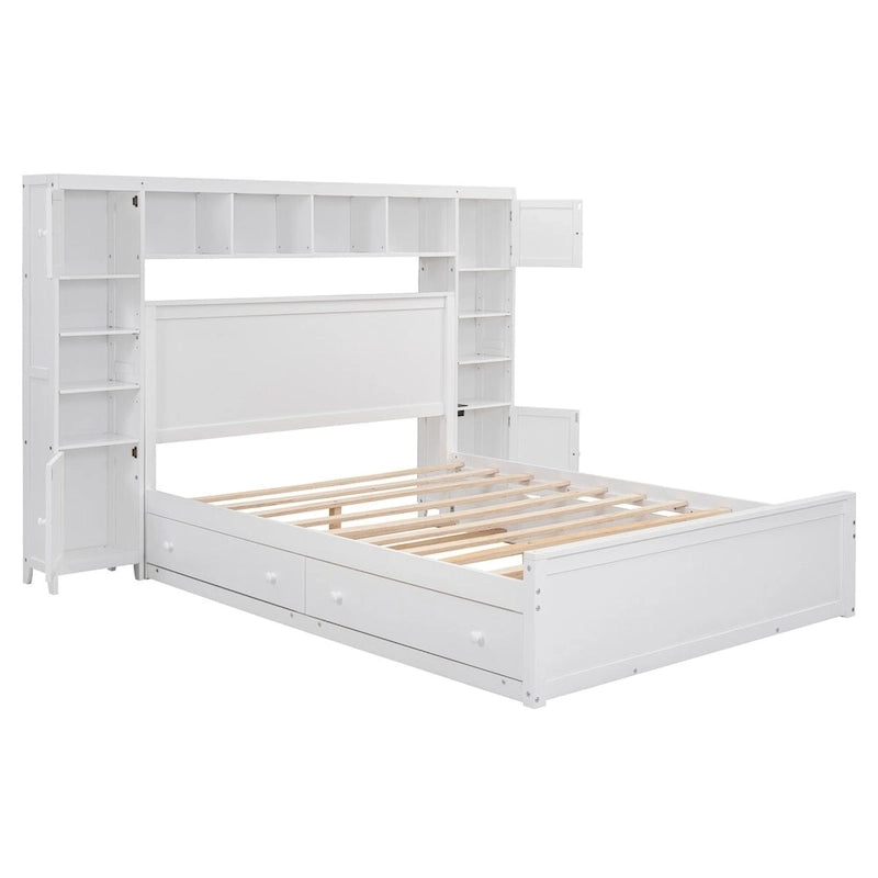 Wooden Bed With All-in-One Cabinet, Shelf and Trundle